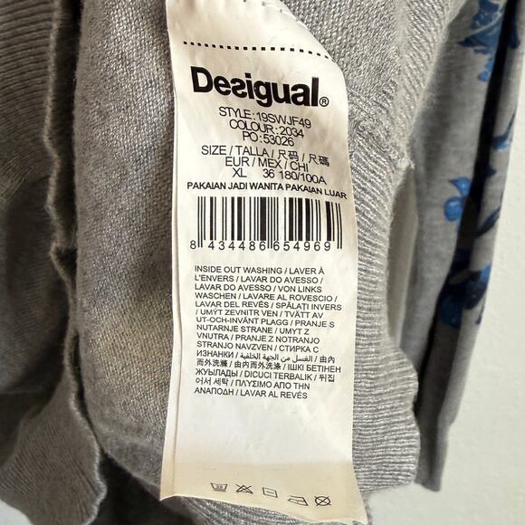 Desigual Louth Floral Butterfly Sequin Pullover Knit Sweater Lightweight Gray XL - Picture 9 of 10